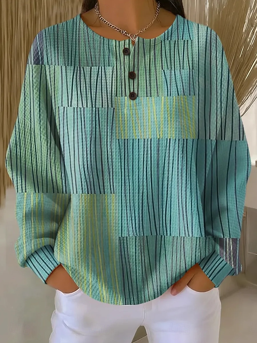 Dam Pullover-tröja Knappar Grafisk Geometrisk Mode Ledigt Tryck Långärmad Rund hals Vanliga toppar Ledigt Hem Arbete Gul Rodnande Rosa Grön Vår Höst 2026 - $28.99 –P3