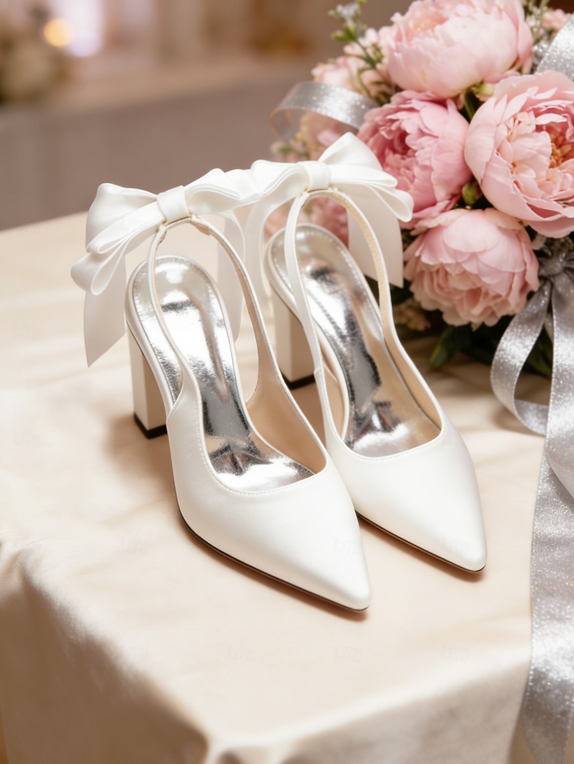 Women's Ivory Pointed-Toe Bow Slingback Heels, Elegant Satin Bridal Shoes for Church Wedding Bride 2026 - $64.99 –P4