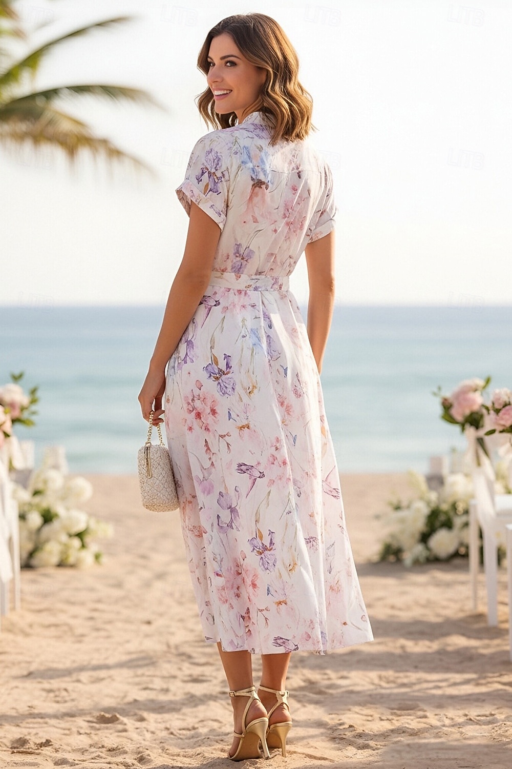 A-Line Ankle Length Tea Length Wedding Guest Dress Wedding Guest Dresses Elegant Daily Short Sleeve High Neck Garden Party Wedding Cowl Back with Floral Print Print 2026 - $114.99 –P3
