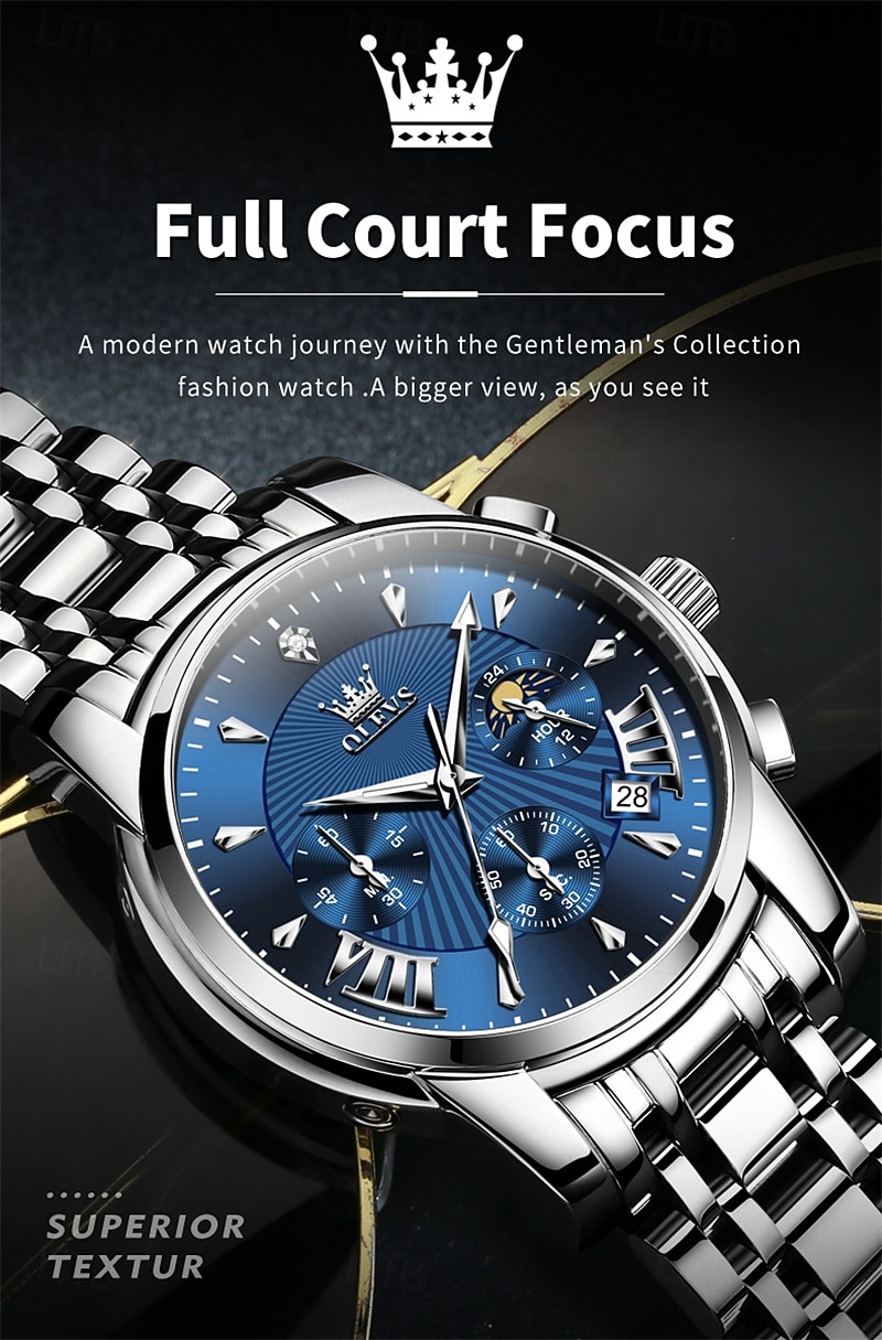 Nuovo orologio da uomo business del marchio olevs con calendario luminoso, fasi lunari, cronometro, orologio al quarzo multifunzionale e alla moda, orologio da polso da uomo casual, resistente del 2026 a $39.99 –P8