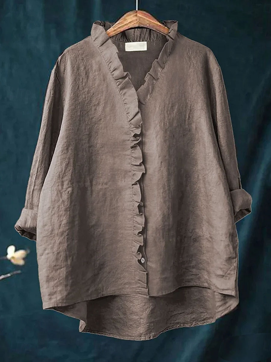 Easter Women's Tunic Casual Shirt Button Up Shirt Blouse Ruffle Solid Color Vacation Vintage Daily Long Sleeve V Neck Long Tops Work Beach Holiday Blue White Yellow Red Gray Summer Spring Fall Winter 2026 - $29.99 –P5