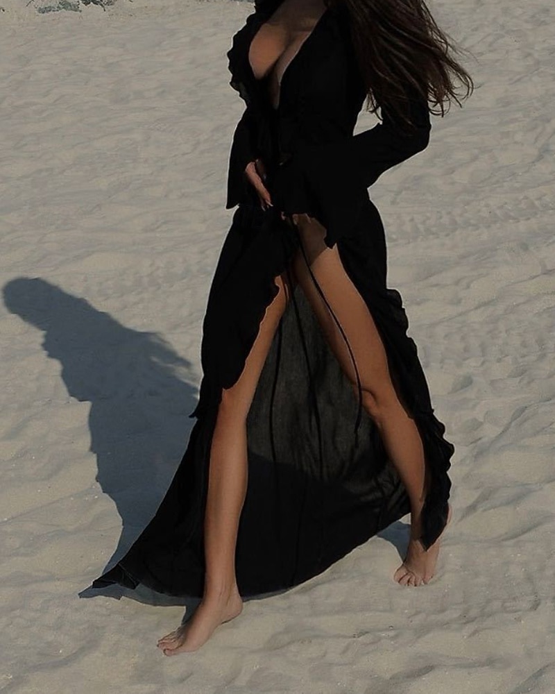 Dámské Plavky Přehozy Plavky Volány prázdniny Oblečení na pláž Bez vzoru Do V Dlouhý rukáv Plavky 2026 - $36.99 –P15