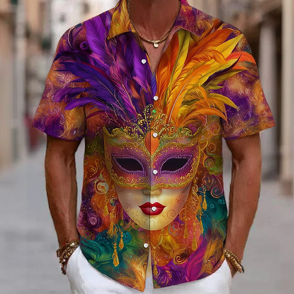 Karneval Herren Blende Farbe Karnival Maske mit Federn Hemd Knopfhemd Kurzarm Vintage-Retro Party Ferien Sommer Frühling Umlegekragen 3D-Druck Hemden mit Kragen Purpur Orange Dunkelviolett 2026 - $25.99 –P1