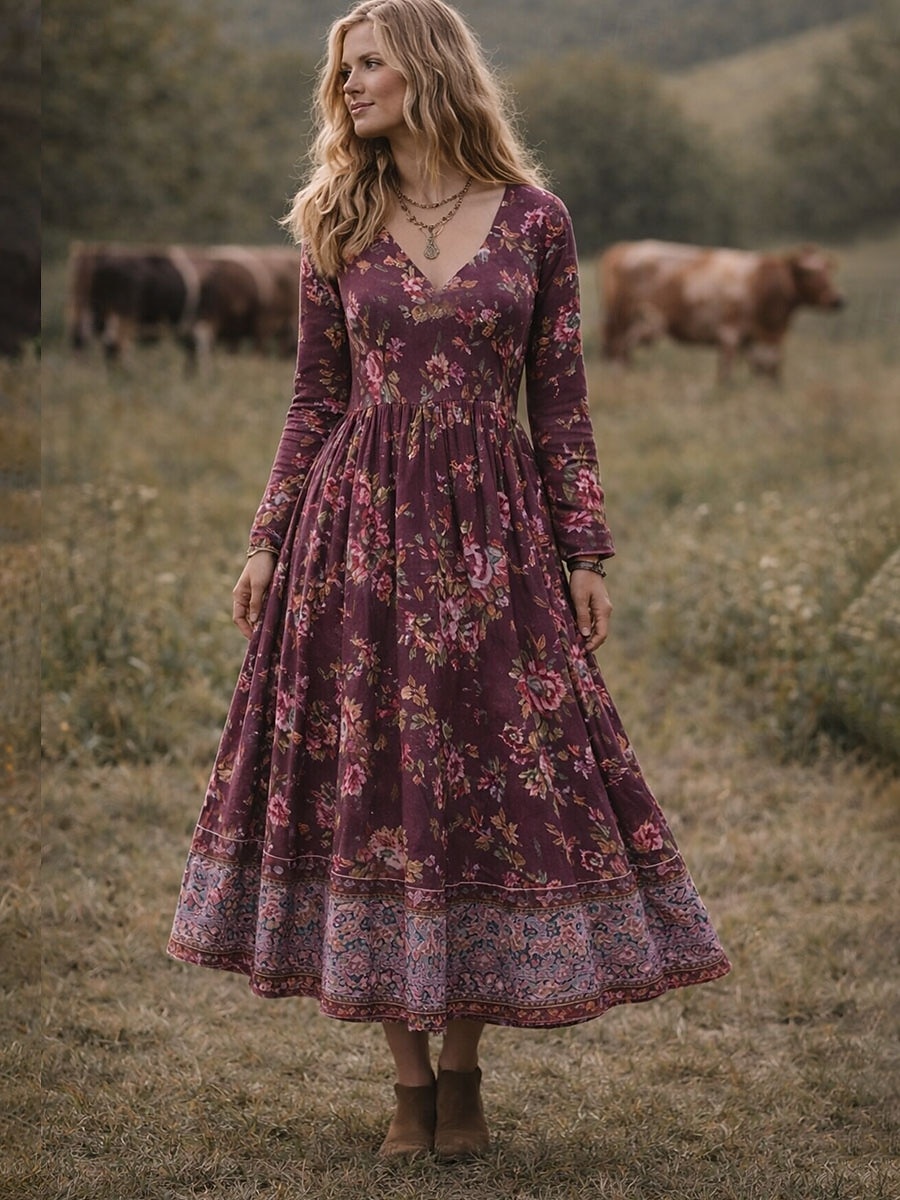 Vestido Midi Boho para Mujer Vestido Corte A Fiesta Casual Cita Ajuste Regular Gráfica Floral de Manga Larga Cuello en V Rojo Púrpura Naranja Verde Verano Primavera Otoño 2026 - $41.99 –P1