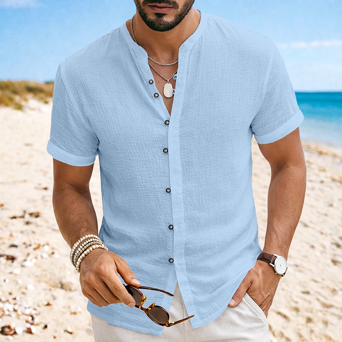 Homme Chemise Chemise en lin Chemise d'été Tenue de plage Chemise à col officier Chemise Boutonnée Uni Occasionnel Quotidien Noir Blanche Kaki Gris Manche Courte Col mandarin Été Vêtement Tenue de 2026 ? $24.99 –P6
