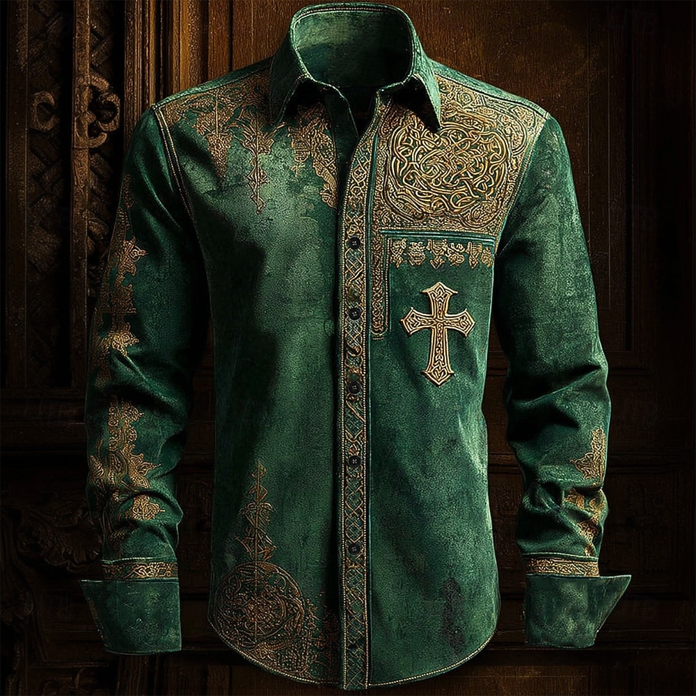 חולצת צלב קלטית של סנט פטריק לגברים Button Up Long Sleeve Vintage Retro Party Holiday Spring Fall Turndown עם חולצת בד דומה ללינן ירוק 1 ירוק 2026 - $27.99 –P1