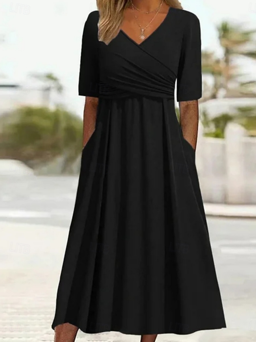 Women's Midi Dress Casual Dress Wrap Dress Elegant Fashion Modern Outdoor Vacation Going out Regular Fit Plain Short Sleeve V Neck Blue Black Red Brown Summer Spring 2026 - $28.99 –P2