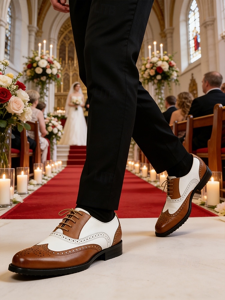 scarpe eleganti da uomo bicolore, stile oxford marrone e bianco, design con lacci, look vintage elegante per matrimoni e occasioni formali del 2026 a $34.99 –P1