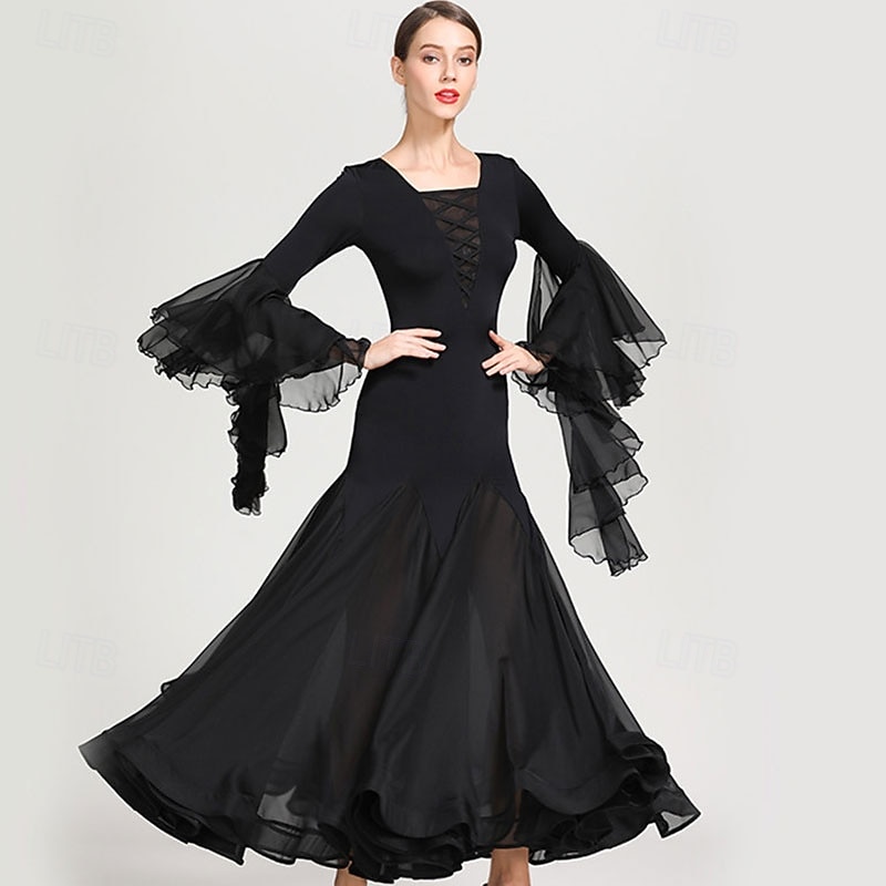 abito da ballo da sala nero da donna con scollo a V, maniche a balze multistrato, abito da valzer, abbigliamento da ballo moderno standard da competizione del 2026 a $161.99 –P2