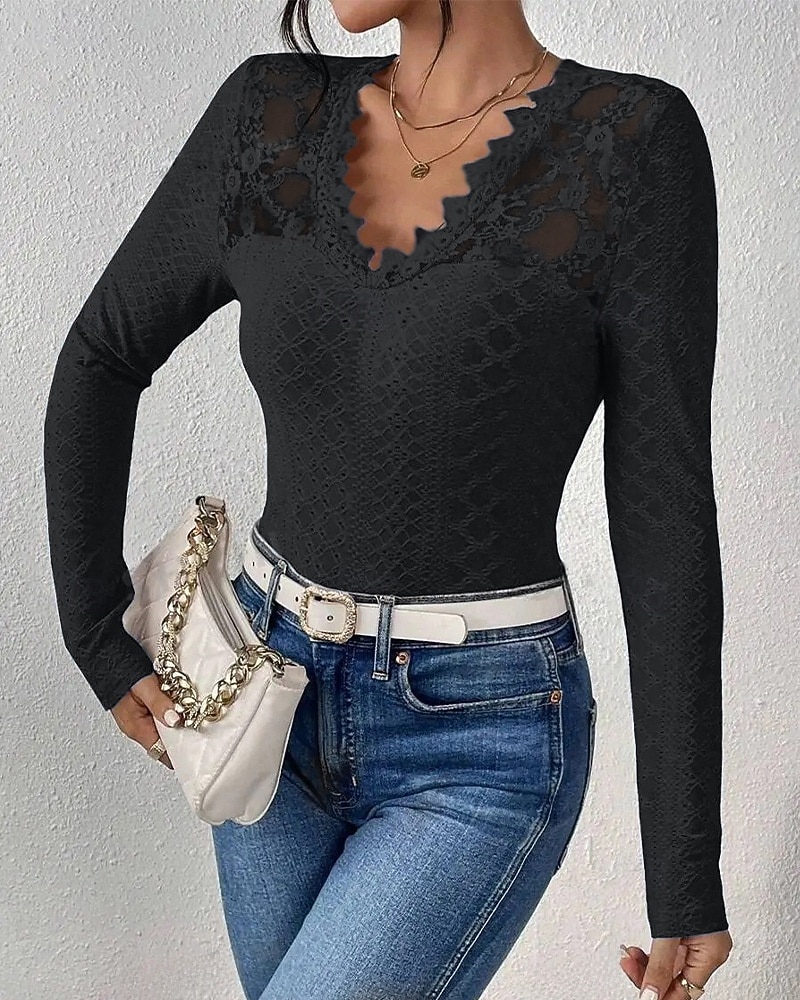 Dam Spets Splicing Top Spets Ögla Ensfärgat Elegant Mode Sexig Långärmad V-hals Vanliga toppar Dagligen Utekväll Helgen Blå Svart Vit Höst Vinter 2026 - $24.99 –P4