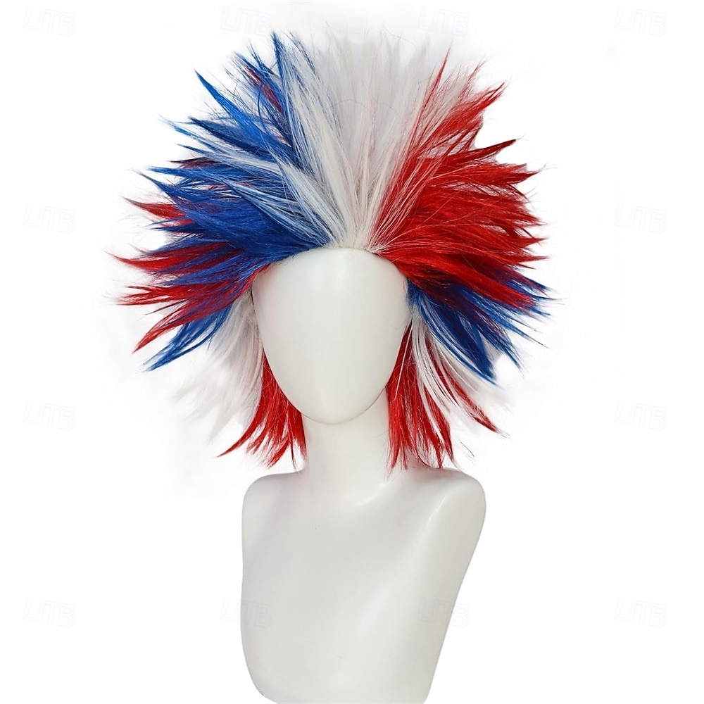 Rød hvit blå gal parykk unik spiky og morsomme parykker rød gal hår patriotisk parykk blå funky fluffy parykker pelucas para payasos kostyme 4. juli feiringer temafest 2026 - $28.99 –P6