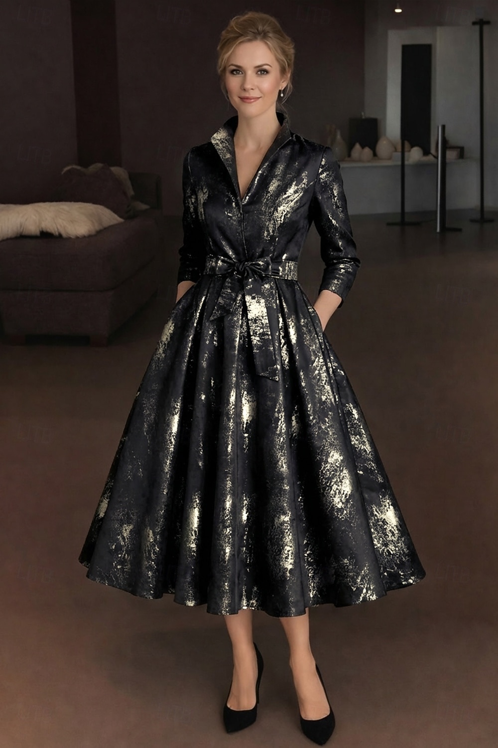 A-linje Te-lengde Skjortekjole Formell kjole Aftenkjole Kjole til brudens mor 3/4 ermer Skjortekrage Elegant Årgang Formell Jacquard med Belte / bånd Sløyfe(r) Blomst 2026 - $178.99 –P5