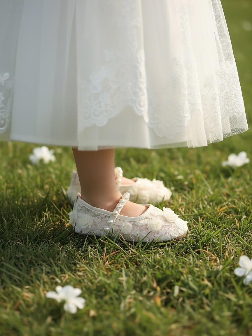 Dziecięce balerinki typu Mary Jane z koronkowymi paskami i perłowymi aplikacjami kwiatowymi, eleganckie buty ślubne w stylu księżniczki dla małych dziewczynek sypiących kwiaty, wygodne buty wizytowe 2026 - $24.99 –P6