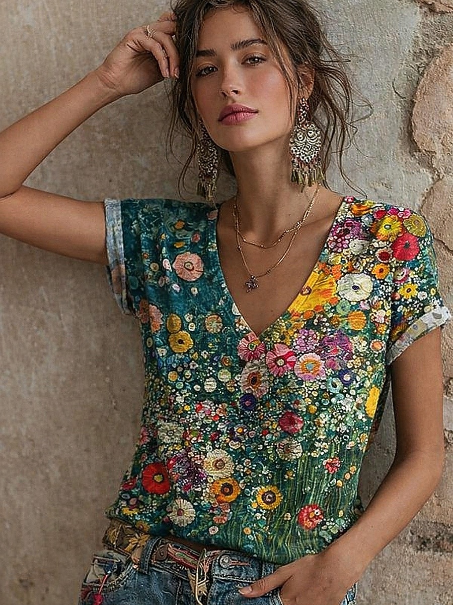 Damskie Podkoszulek Nadruk Kwiaty Graficzny Zabytkowe Elegancki Klasyczny Krótki rękaw W serek Zwykłe topy Codzienny jesion Czarny Jasnozielony Czerwony Zielony Lato Wiosna 2026 - $21.99 –P2