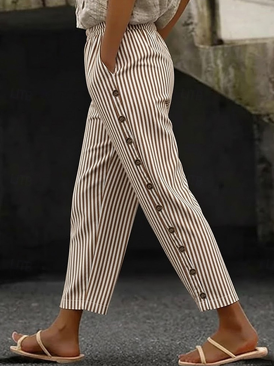 Women's Linen Pants Trousers Casual Pants Summer Pants Vacation Fashion Basic Full Length Mid Waist Plain Striped Side Pockets Comfort Inelastic Holiday Casual Daily Light Gray Brown And White Dark 2026 - $37.99 –P3