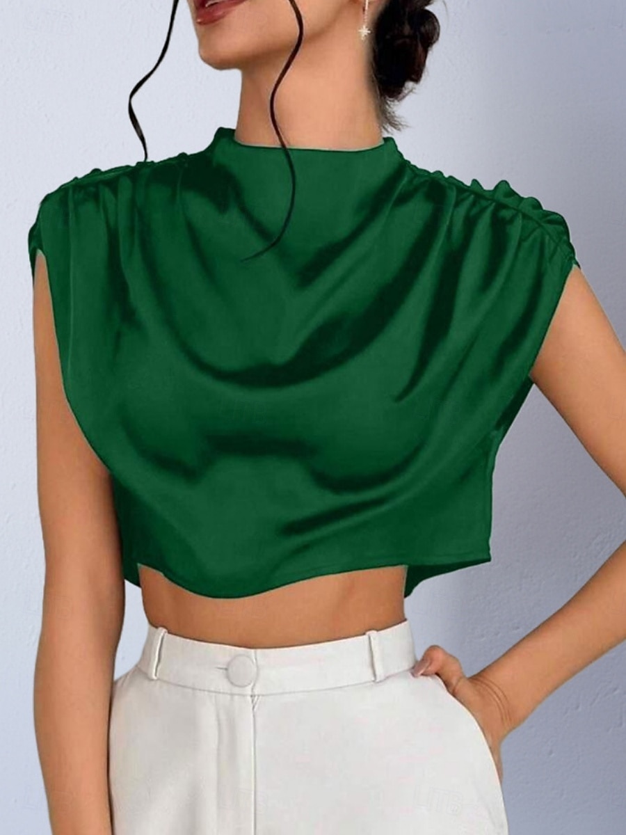 Damen Hemd Satinhemd Bluse Wickel-Crop-Top Gerafft Einfach Vintage Stilvoll Klassisch Kurzarm Hoher Ausschnitt Crop Tops Täglich Ferien Ausgehen Schwarz Weiß Marineblau Braun Grün Frühling Herbst 2026 - $22.99 –P1