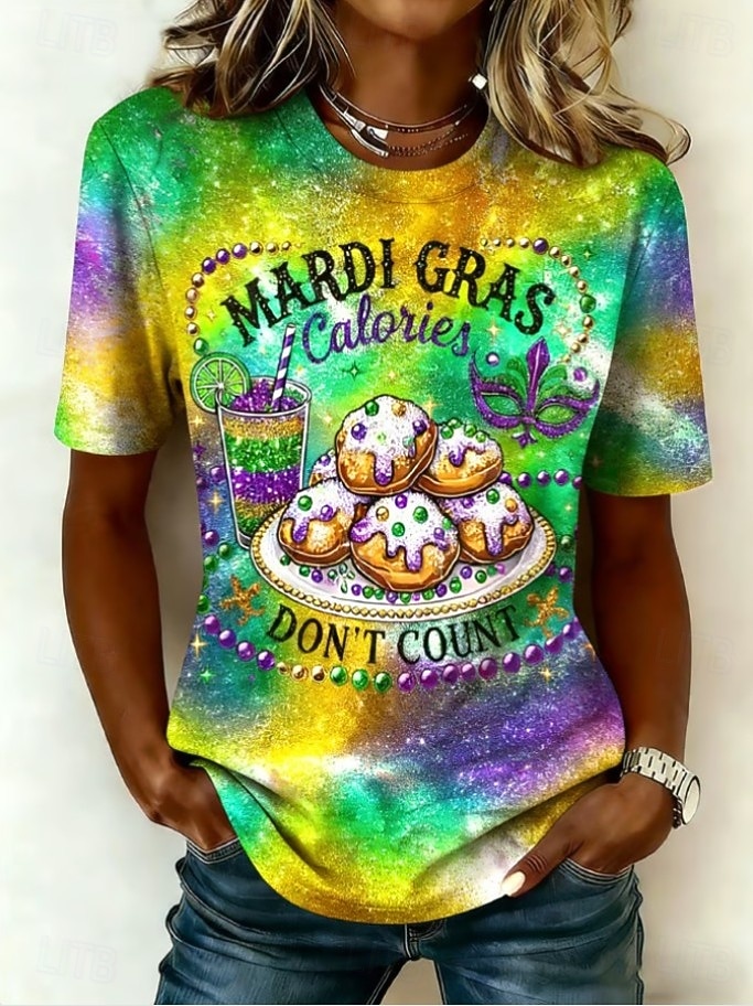 Karneval Mardi Gras Dámské Tričko Tisk Grafika Vinobraní Módní stylové Krátký rukáv Tričkový Běžné topy Denní Černá a červená Bílá Žlutá Světle zelená Fialová Léto Jaro 2026 - $22.99 –P6