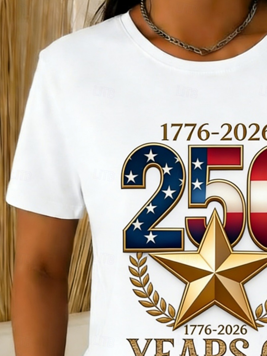 Amerikansk uavhengighetsdag Dame T skjorte T-skjorte Trykt mønster Grafisk Flagg Stilfull Klassisk Fritid Kortermet Crew-hals Vanlige topper Daglig Ut på byen Helg Hvit Sommer Vår 2026 - $14.49 –P2