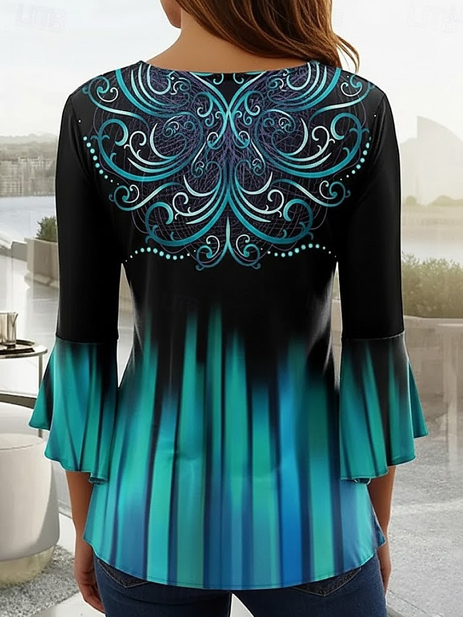 Dámské tričko V-výstřih ombre květinová grafika elegantní 3/4 rukáv standardní topy na každodenní nošení knoflíky tráva zelená černá a šedá modrá fialová zelená léto jaro podzim 2026 - $26.99 –P2