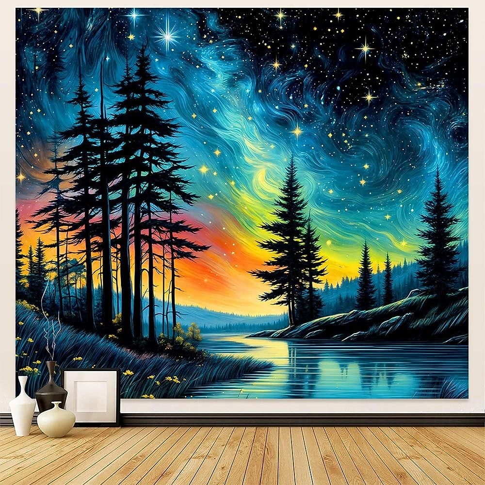 Tapiz de auroras boreales, noche estrellada, bosque, colgante de pared, paisaje natural psicodélico para dormitorio, sala de estar, sala de yoga, espacio de meditación, decoración 2026 - $20.99 –P3