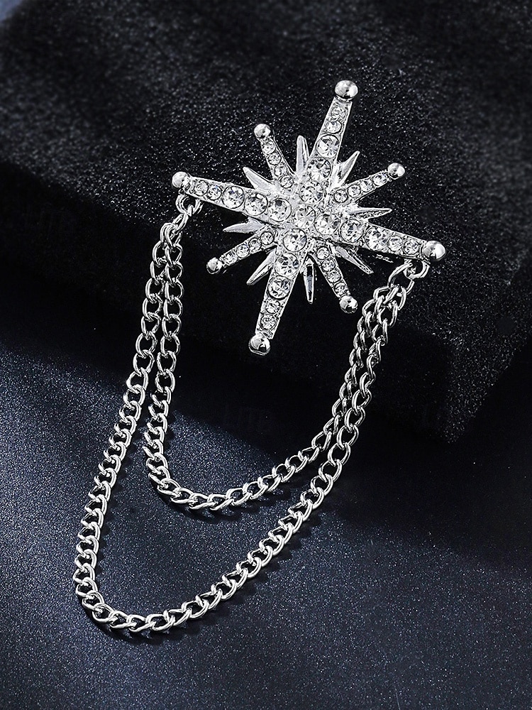 Broche masculino em liga de ouro e prata com design elegante e vintage, com cristal em formato de estrela e corrente dupla. Ideal para noivos, casamentos, Dia dos Namorados, festas formais e eventos noturnos. de 2026 por $7.99 –P6
