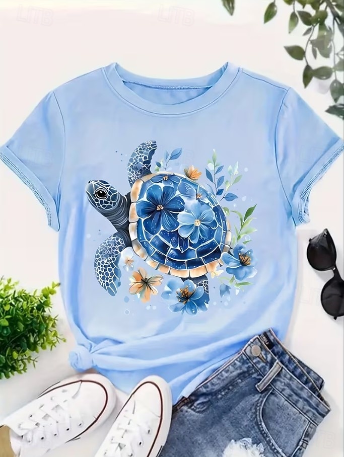 Per donna Maglietta Stampato Oceano Tartaruga di mare Tropicale Hawaiano Casual Manica Corta Girocollo Top Regolari Quotidiano Uscire Matrimonio in Spiaggia Blu Bianco Azzurro Estate del 2026 a $22.99 –P2