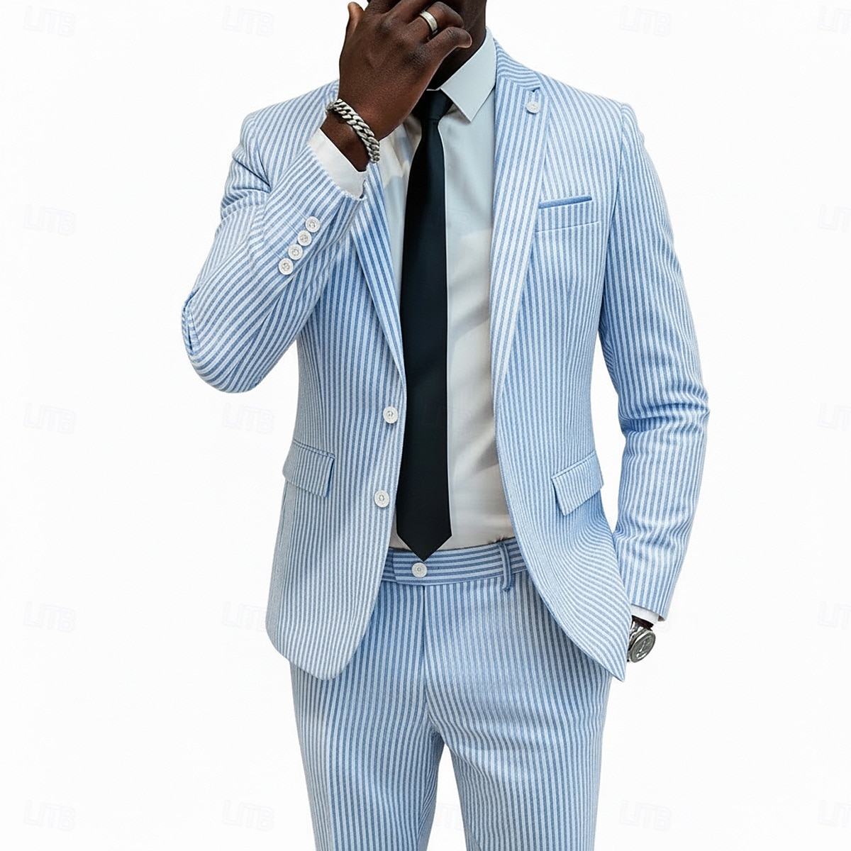 Pour des hommes Costumes en seersucker Mariage à la plage Mariage de printemps Rose Claire Bleu Ciel Printemps & Été Costume / Tailleur Revers Cranté Occasionnel Formel Rayé Coupe Slim 2 pièces de 2026 ? $109.99 –P4