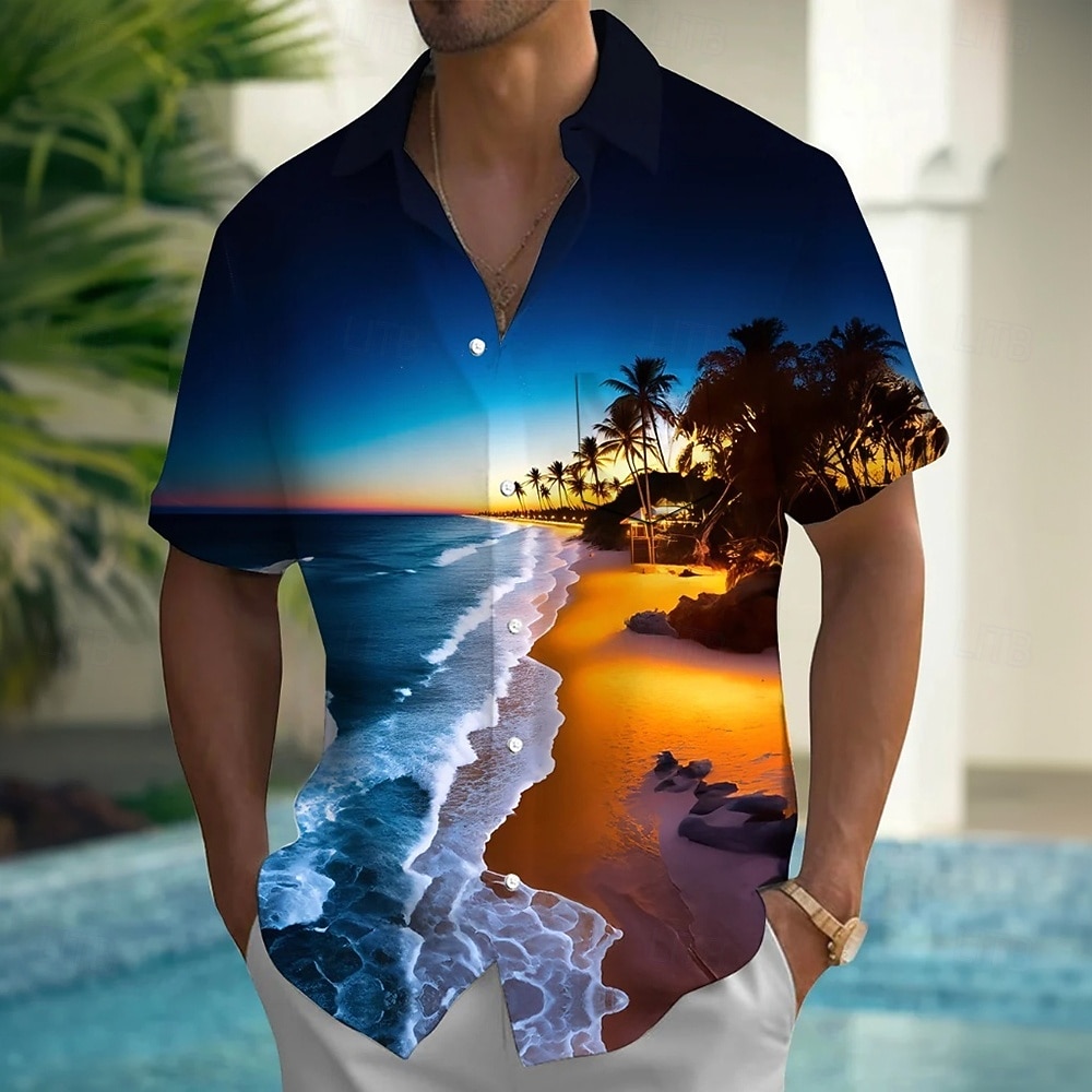Herren Regenbogen Kokospalme Landschaft Sommer Hawaiihemd Knopfhemd Alohahemd Kurzarm Hawaiianisch Urlaub Sommer Frühling Umlegekragen 3D-Druck Hemden mit Kragen Eine Tasche vorne Blau Dunkelblau 2026 - $25.99 –P3