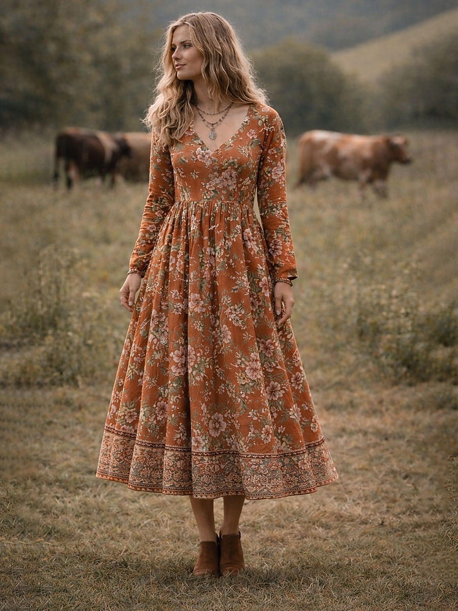 Vestido Midi Boho para Mujer Vestido Corte A Fiesta Casual Cita Ajuste Regular Gráfica Floral de Manga Larga Cuello en V Rojo Púrpura Naranja Verde Verano Primavera Otoño 2026 - $41.99 –P2