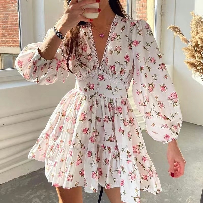 Women's Mini Dress A Line Dress Slip Dress Vacation Casual Outdoor Going out Regular Fit Floral Long Sleeve V Neck White Purple Green Summer Spring Fall 2026 - $26.99 –P1