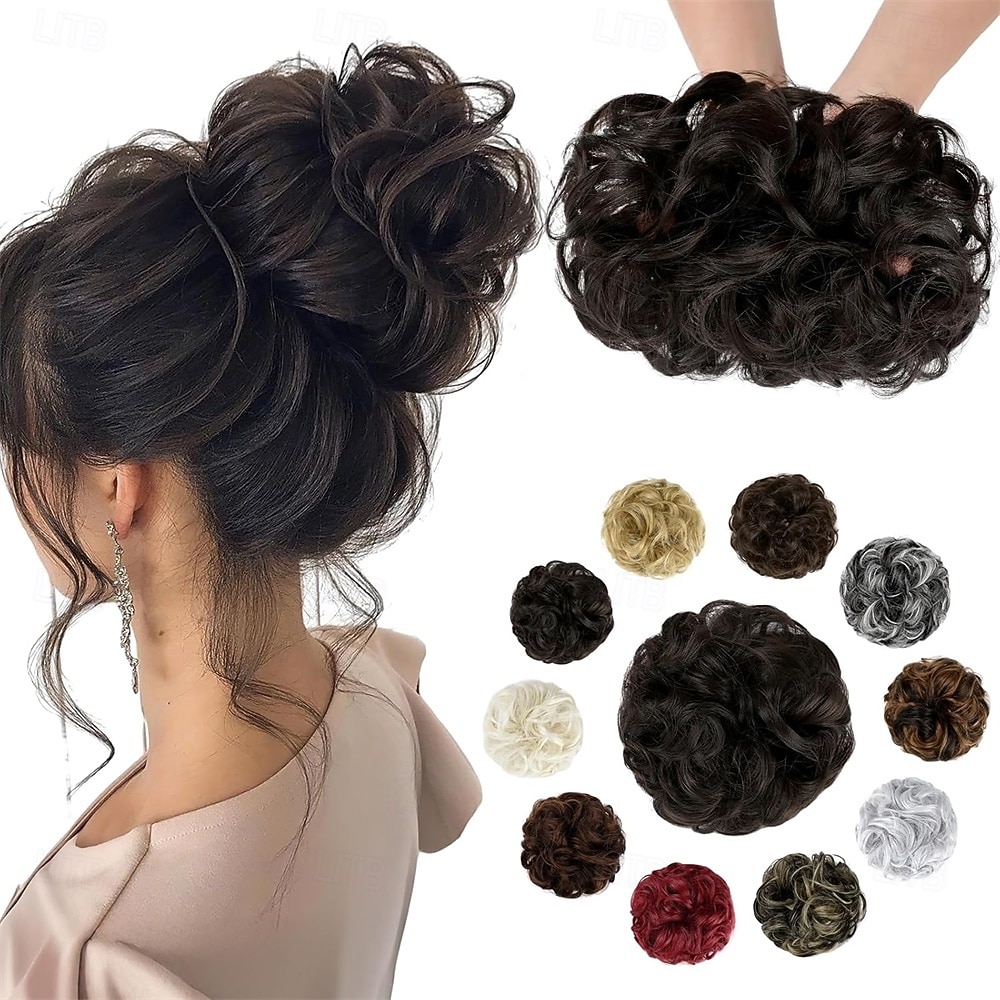 aplique de cabelo coque bagunçado, ondulado e cacheado, scrunchie volumoso, penteado elegante com coque alto para mulheres e meninas, castanho escuro de 2026 por $12.99 –P1
