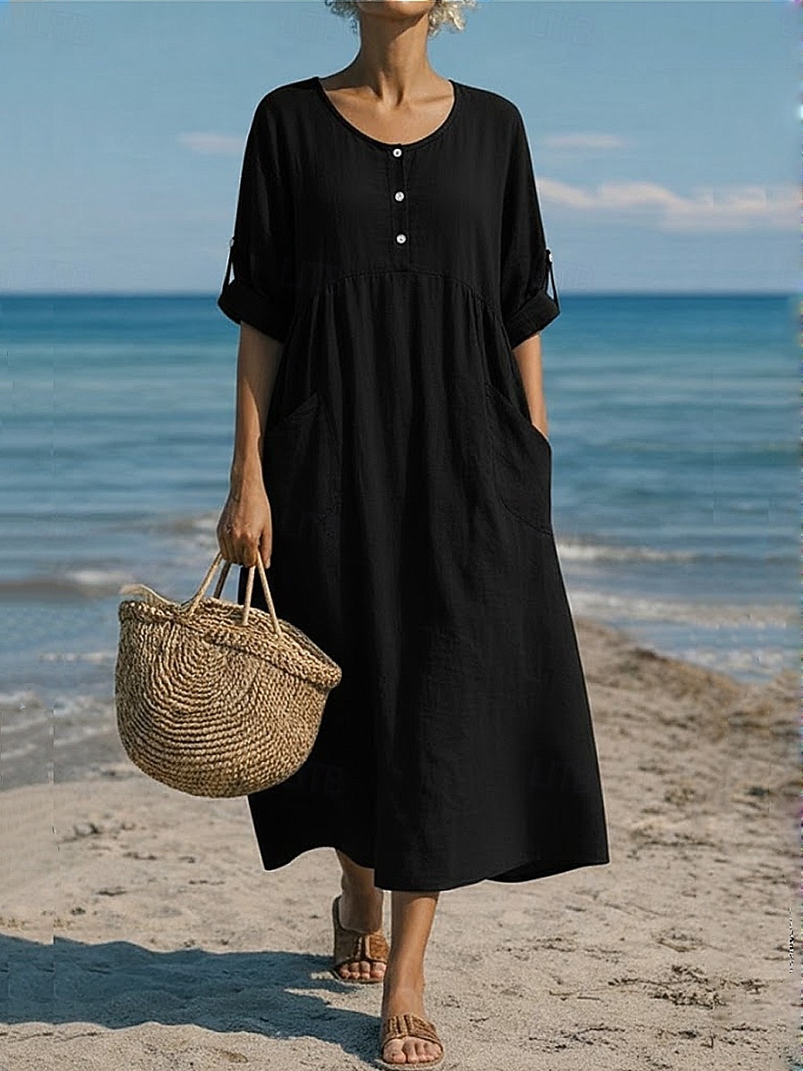 Women's Maxi Dress Linen-feel Dresses Shift Dress Summer Dress Casual Daily Loose Fit Plain Long Sleeve V Neck Blue Black Dark Red Summer Spring Fall 2026 - $33.99 –P3