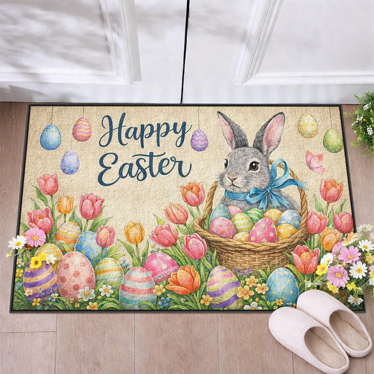 Tapete de Páscoa com mensagem de Feliz Páscoa, coelhinho na cesta de ovos e tulipas coloridas, perfeito para dar as boas-vindas à primavera. de 2026 por $16.99 –P2