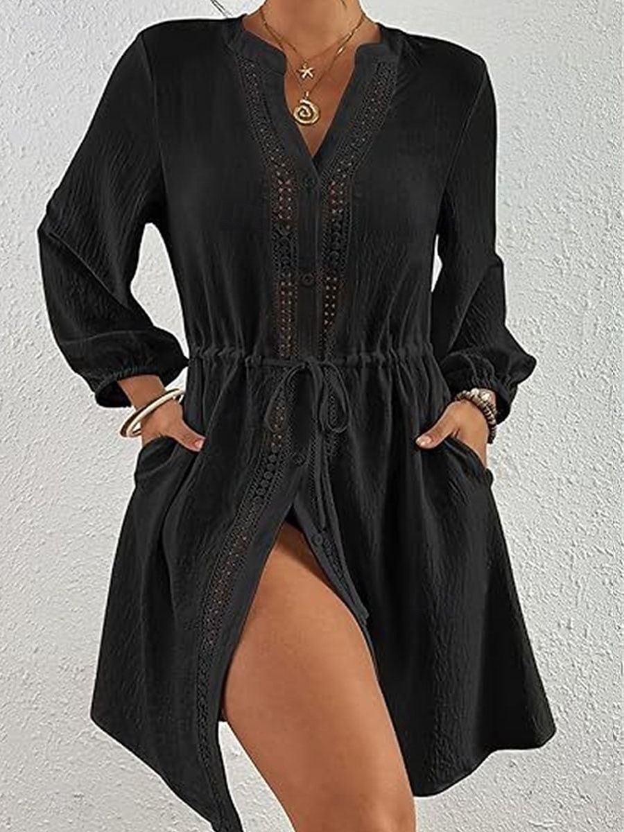 Mujer Vestido hasta la Rodilla Vestido blanco vestido de playa Vestido negro Tapadera Elegante Moda Clásico Manga de la linterna Diario Exterior Playa Holgado Plano Manga Larga Escote Chino Negro 2026 - $32.99 –P7