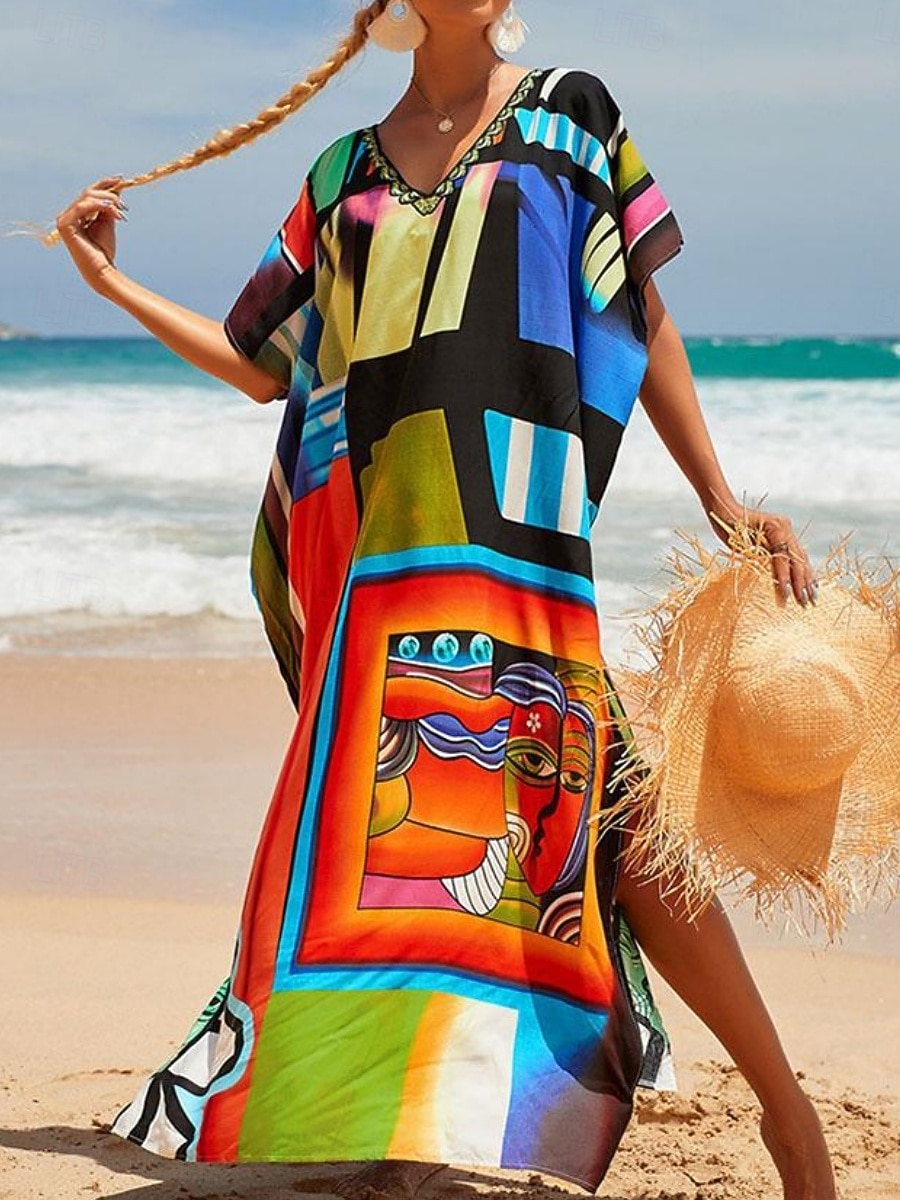 Women's Maxi Dress Beach Dress Casual Dress Boho Dress Cover Up Elegant Fashion Modern Outdoor Vacation Going out Loose Fit Abstract Half Sleeve V Neck Blue Pink Royal Blue Orange Summer Spring 2026 - $29.99 –P10