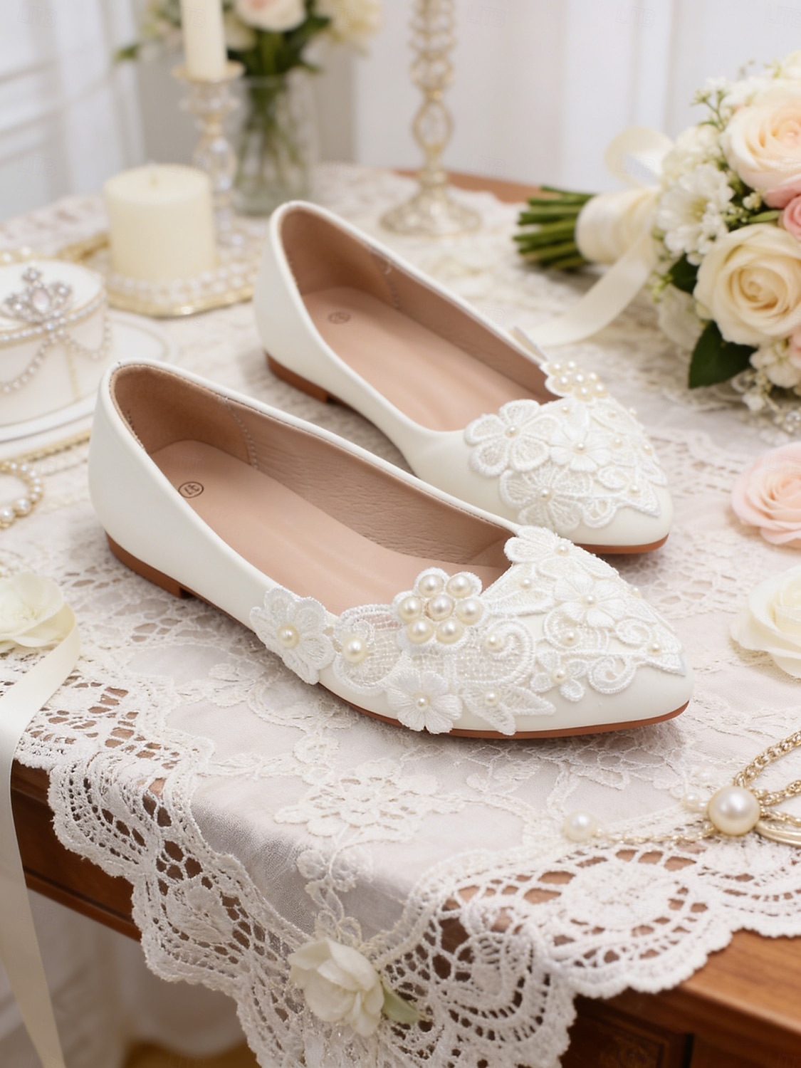 Women's Ivory Lace Ballet Flats with Floral Appliqué, Elegant Bridal Shoes for Bride at Church Wedding Ceremony 2026 - $54.99 –P2