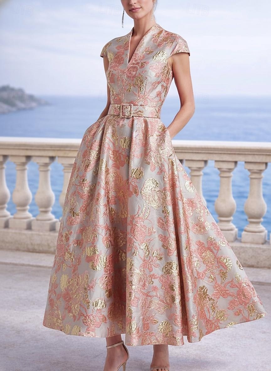 Corte A Hasta el Tobillo Vestido Midi Vestidos de coctel Elegante Floral Manga Corta Escote en Pico Boda Formal Bolsillo Jacquard con Estampado flor Plisado 2026 - $164.69 –P1
