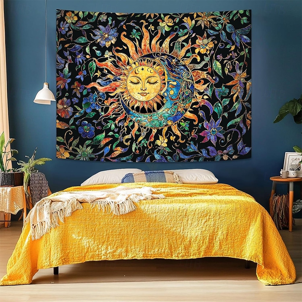 Gobelín slunce a měsíc na zeď, nebeské květiny, slunečnice, růže, boho hippie nástěnné umění do ložnice, obývacího pokoje, jógy, meditační dekorace 2026 - $19.99 –P12
