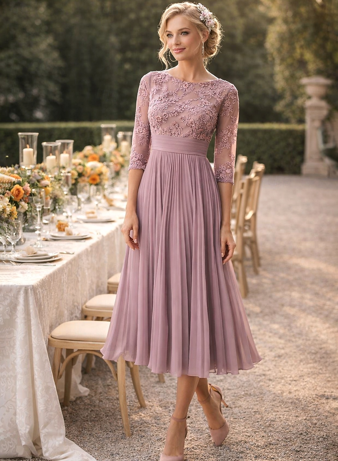 A-Line Tea Length Party Dress Cocktail Dress Wedding Guest Dress Mother of  the Bride Dress 3/4 Length Sleeve Crew Neck Elegant Wedding Guest Engagement  Party Chiffon Lace with Lace Pleats 2026