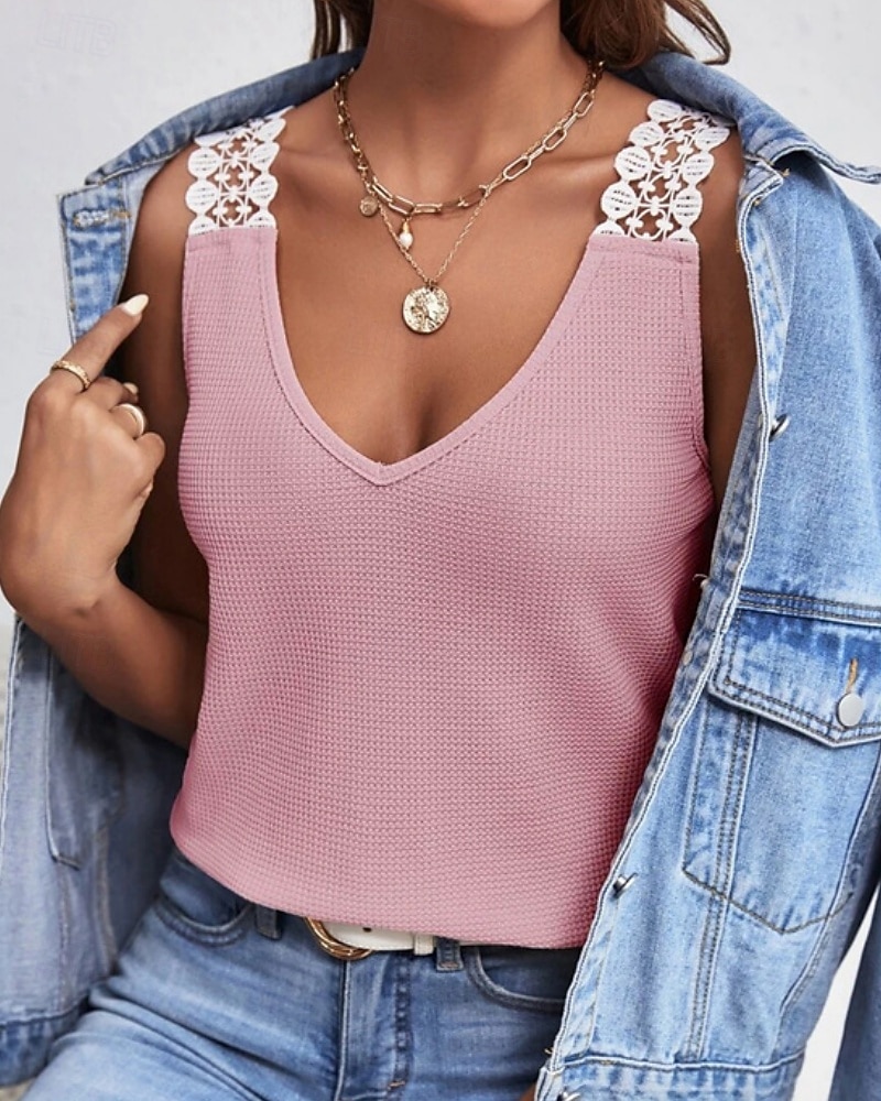 Pentru femei Tricou Bluză Tee Top Dantelă Culoare solidă Grafic Simplu Modă Clasic Casual Fără manșon În V Topuri obișnuite Zilnic Ieșire Sfârșit de săptămână Negru Roz Îmbujorat Roșu-aprins Kaki Gri 2026 - $18.49 –P8