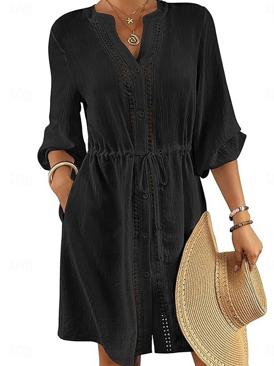 Mujer Vestido hasta la Rodilla Vestido blanco vestido de playa Vestido negro Tapadera Elegante Moda Clásico Manga de la linterna Diario Exterior Playa Holgado Plano Manga Larga Escote Chino Negro 2026 - $32.99 –P8