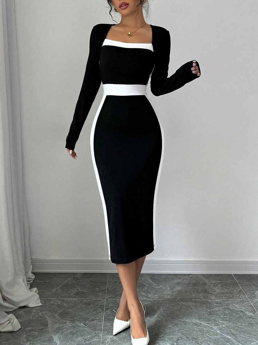 Dame Midikjole Bodycon kjole Semiformelle kjoler Kontor Normal Fargeblokk Langermet Firkantet hals Svart Navyblå Vår Høst 2026 - $31.99 –P5