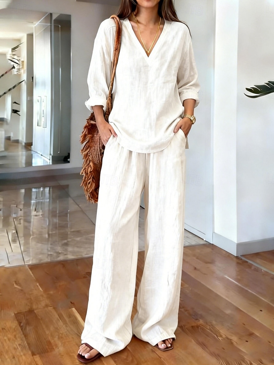 Damen-Sets aus Leinenimitat, zweiteilig, mit Bolero, langen Ärmeln und V-Ausschnitt, schlicht, modisch, Streetwear, Basic, lässig, für Alltag und Freizeit, in Blau, Weiß und Braun, Sommer, normale Passform 2026 - $28.99 –P2