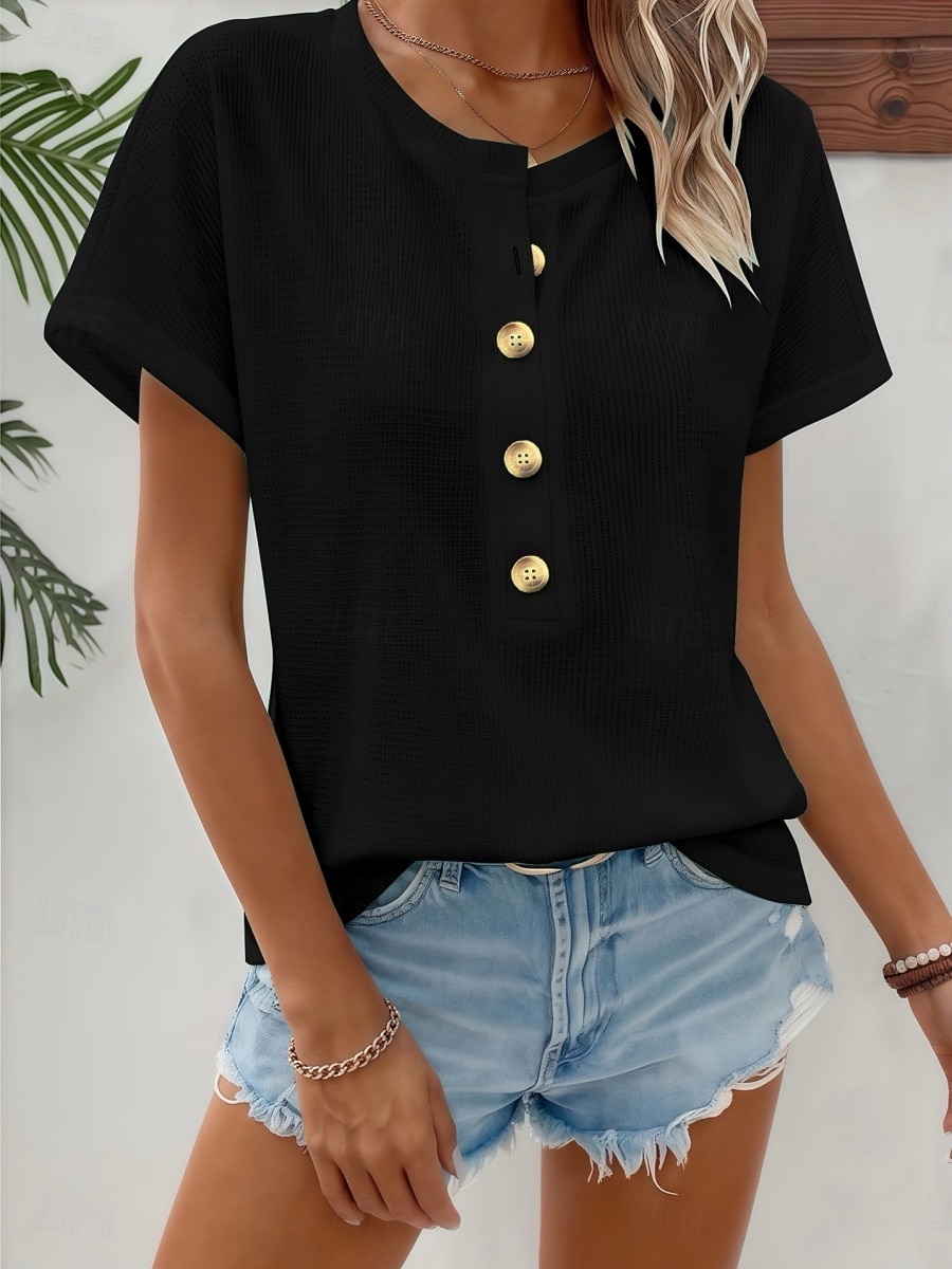 Women's T Shirt Tee Top Buttons Plain Fashion Stylish Classic Short Sleeve Crew Neck Regular Tops Daily Going out Weekend Blue Black Red Summer Spring 2026 - $24.99 –P2