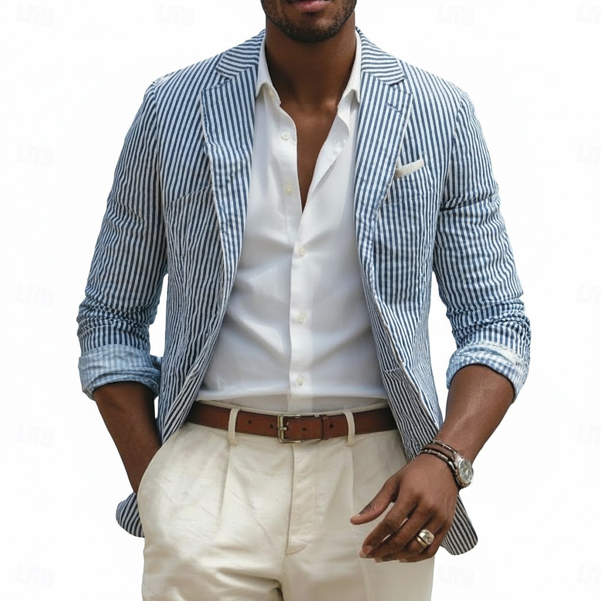 Chaqueta blazer para hombre, de seersucker, con cuello de muesca, ligera, informal, a rayas, en amarillo, rosa, azul cielo, corte entallado, botonadura sencilla, dos botones. 2026 - ZAR R1261 –P2