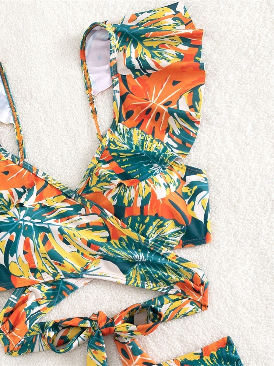 Damskie Stroje kąpielowe Bikini 2 szt Wysoka talia Kostium kąpielowy Falbana Szczupła Odkryte plecy Urlop Stroje plażowe Kwiaty Tropikalny W serek Bez rękawów Kostiumy kąpielowe 2026 - $24.99 –P6