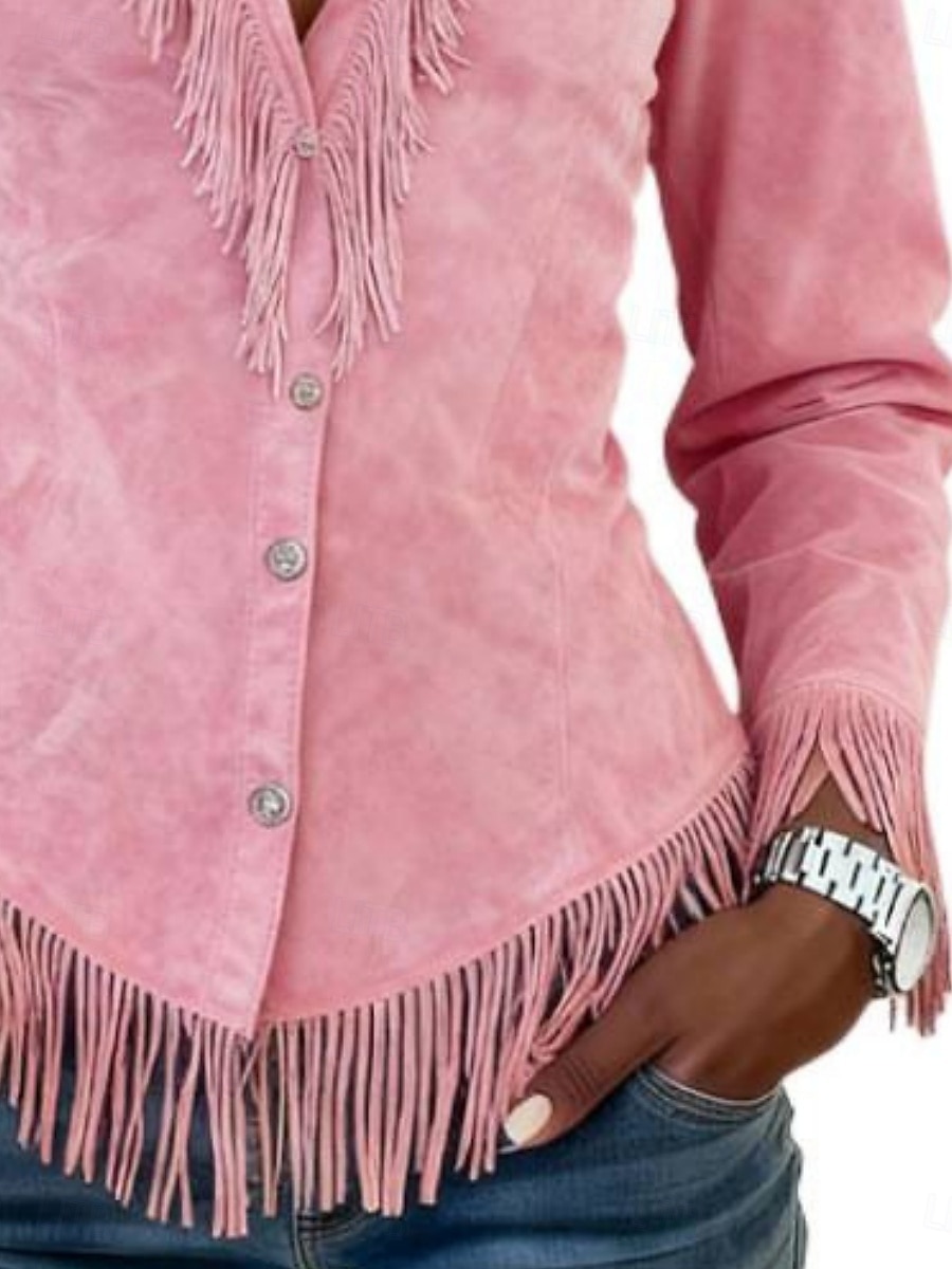 Pentru femei Cămașă Bluză Peteci Nasturi Franjuri Simplu Stilat occidental Modern Manșon Lung Guler Cămașă Topuri obișnuite Zilnic Concediu Ieșire Roz Îmbujorat Vară Primăvară 2026 - $38.99 –P5