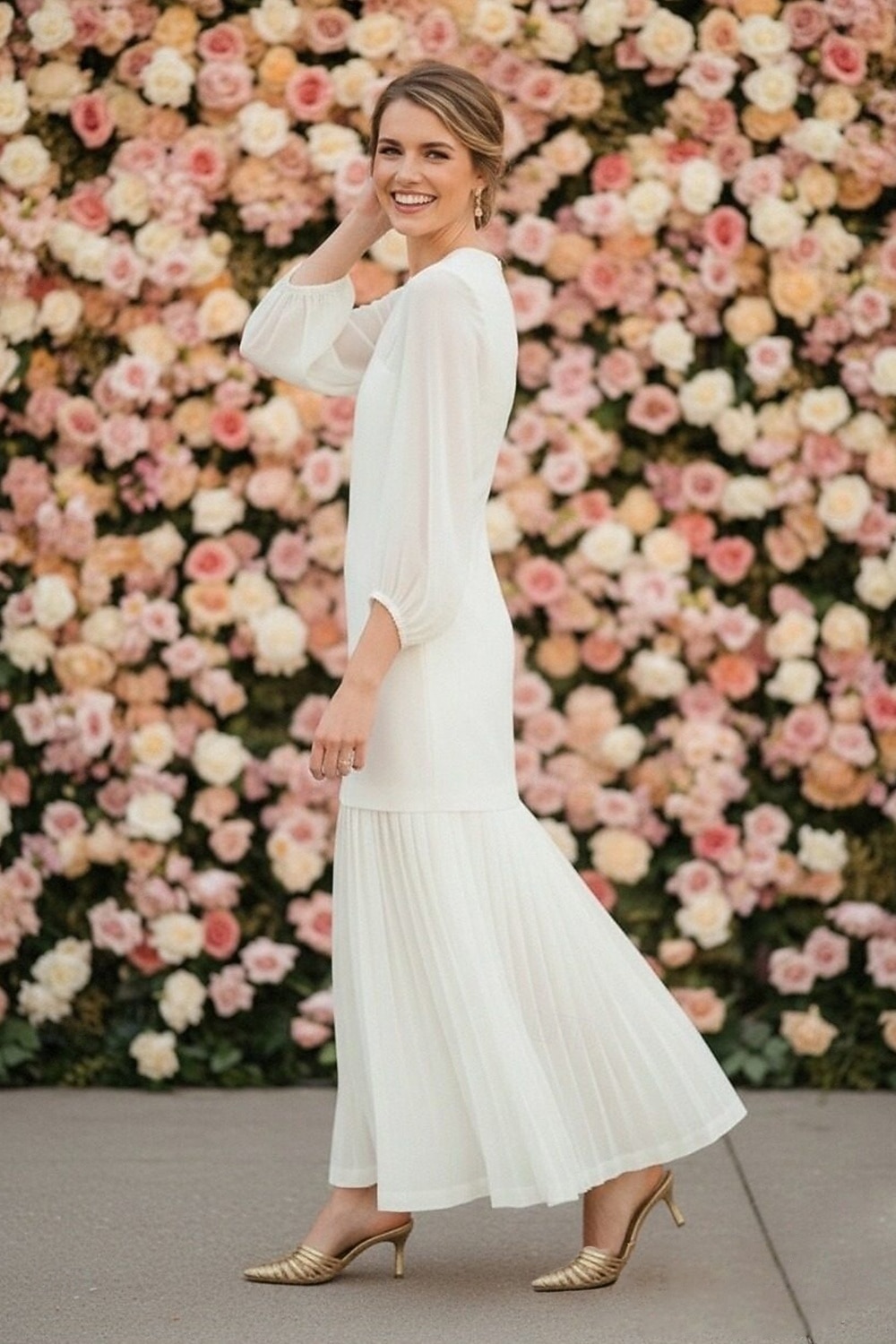 Tubinho Até o Tornozelo Vestido branco Vestidinho branco Vestidos para convidadas de casamento Elegante Manga Longa Gola Redonda Formal Convidado do casamento Chiffon com Pregas Franzido de 2026 por $137.99 –P3