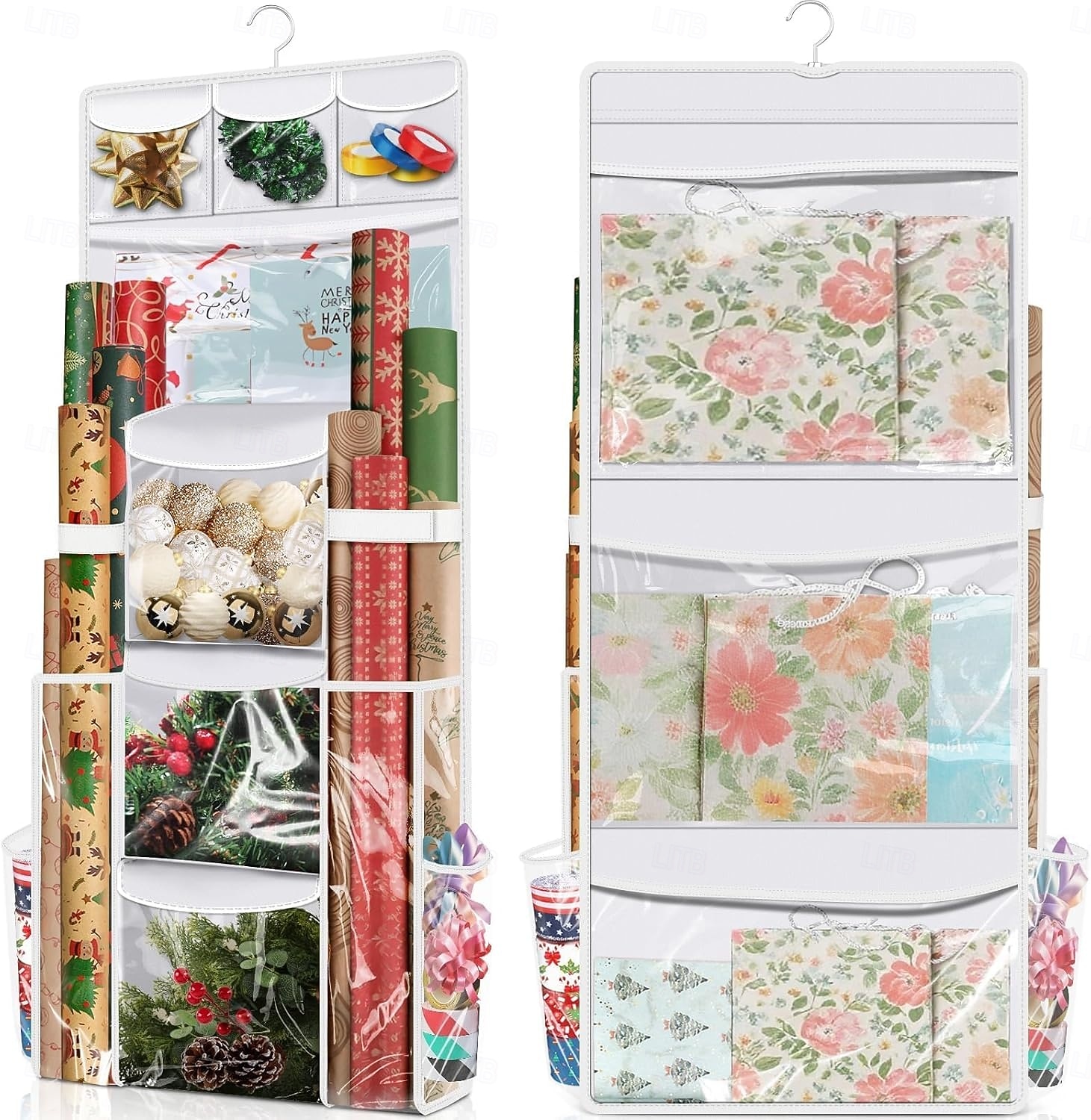 Hängender Geschenkpapier-Organizer, doppelseitiger Geschenkverpackungs-Organizer, Aufbewahrungsbehälter für Weihnachtsdekoration mit drehbarem Haken, großes Fassungsvermögen für Festtagsdeko, Bänder 2026 - $32.99 –P7