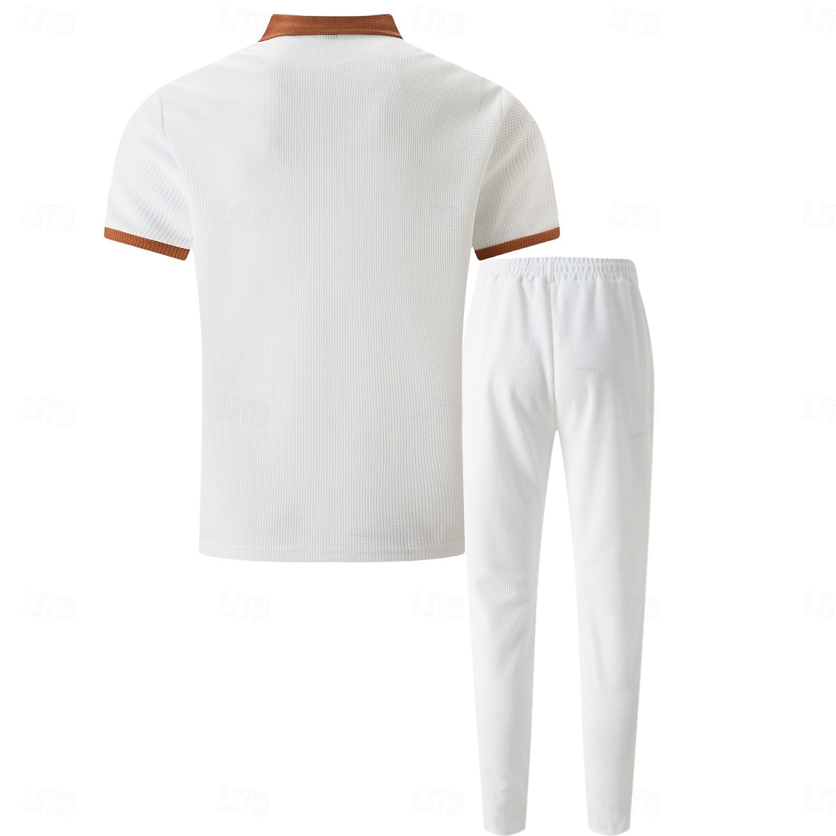 2-teiliges Herren-Sommer-Waffel-Polohemd &Polo-Hose, passendes Set, Strandkleidung, Alltagskleidung, Ausgehkleidung, Kordelzug, schlicht, schwarz, weiß, königsblau, Sportbekleidung, Mode 2026 - $36.99 –P2